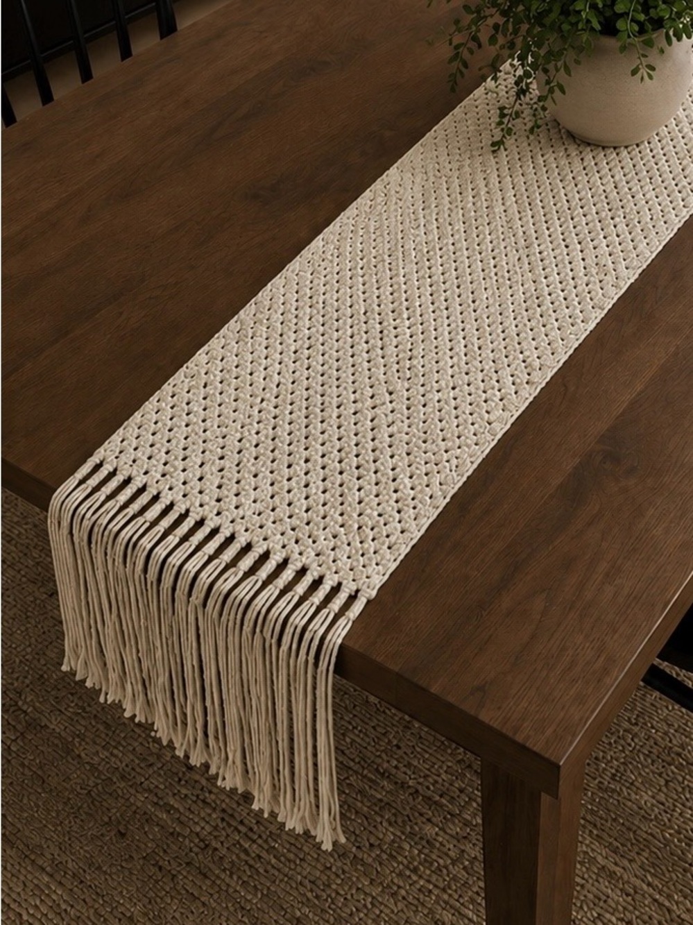 Table Runner Bohemian Style w/Fringes- Max Studio Home-Cream/Gold Metallic Knit